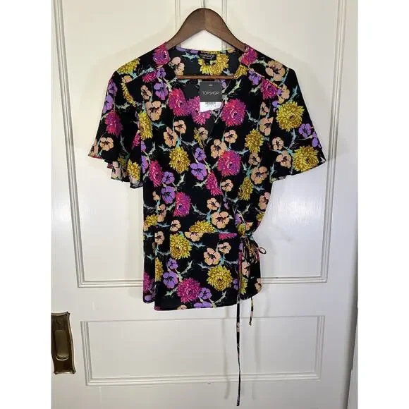 Topshop Floral Wrap Blouse Womens Size 10 Black Yellow Preppy Classic NWT - Picture 3 of 12